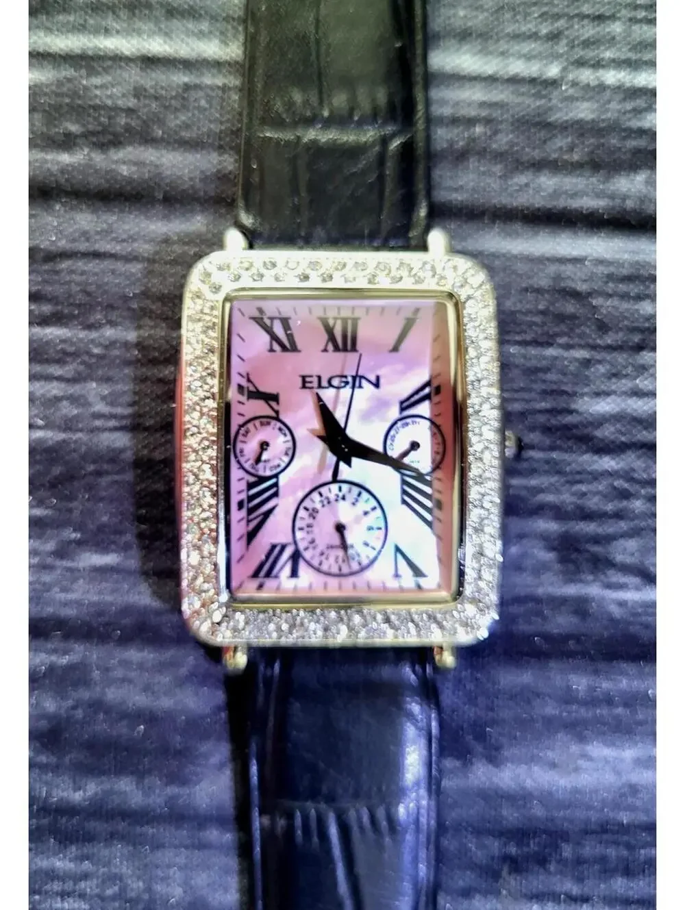 Rare Vintage Elgin Pink Abalone Dial Gem Bezel Dress Watch